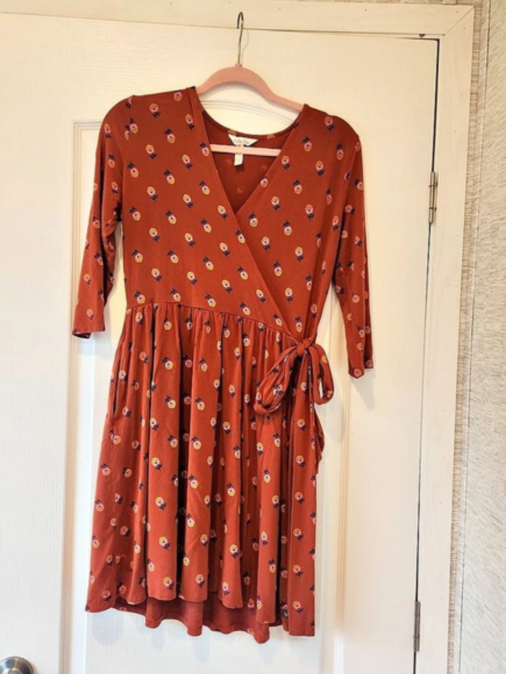 Matilda Jane Rust Orange Floral Wrap Dress Brown & Pink Small Euc